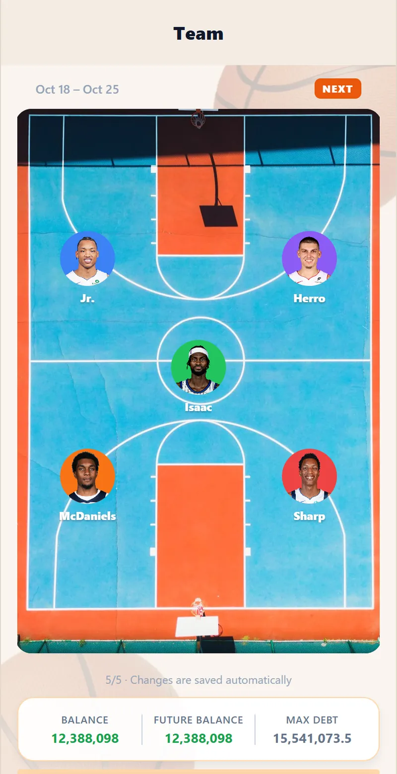 The app showing a starting five laid out on a basketball court.